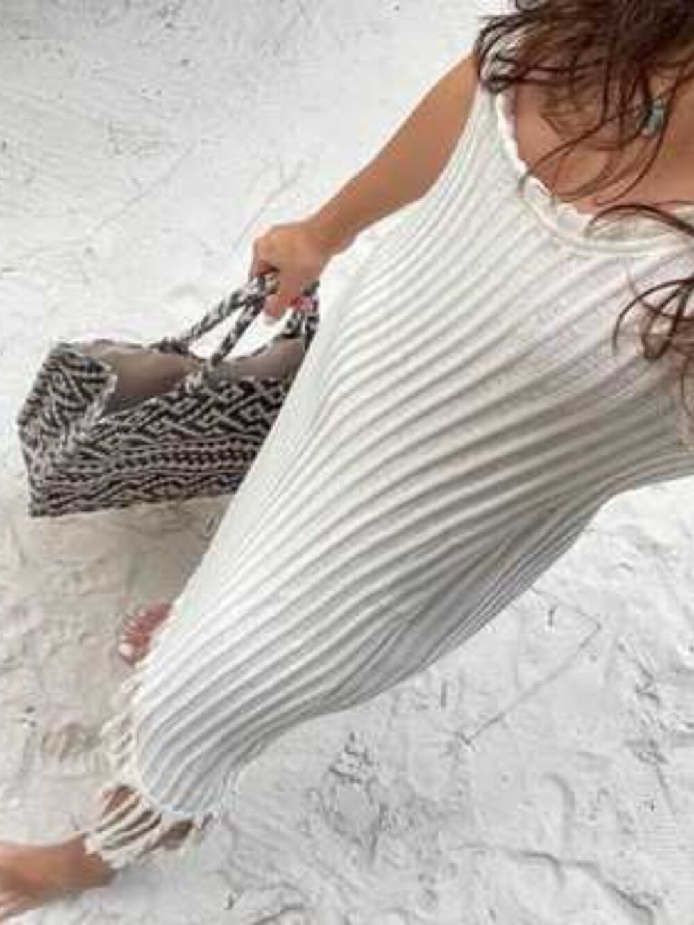 ZARA size L Crochet Ecru Sleeveless Ribbed Fringed Midi Sleep Knit Dress sheer